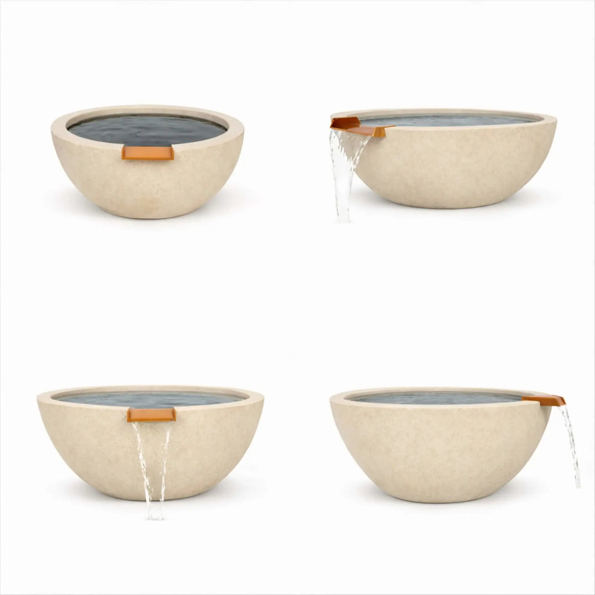 Four-image product layout showing multiple views of a white round GFRC concrete water bowl, including angles with active water flow and still water. The images showcase the bowl’s clean silhouette, textured concrete surface, and bronze spillway detail.