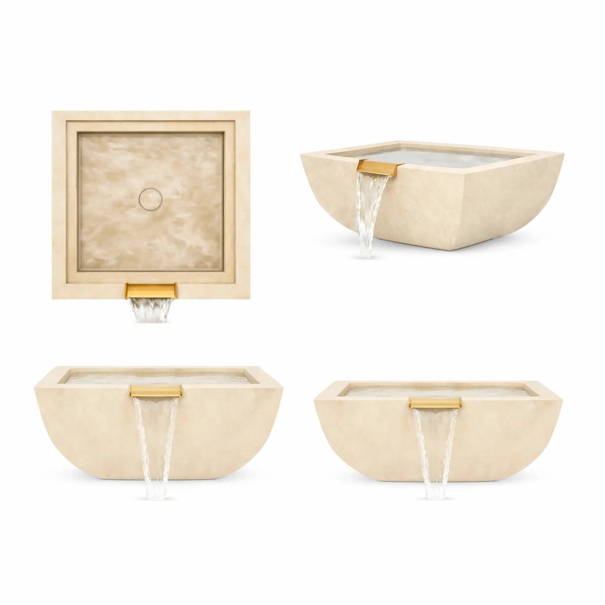 Product layout featuring multiple views of the white Flame Havens Serenity Series square curved water bowl. The collage includes top view, angled perspective, and front waterfall views, showcasing the light stone-style finish and polished copper spillway producing a smooth cascading water flow. Designed for upscale pools and landscape fountains, the bowl delivers a clean modern aesthetic for luxury outdoor environments.