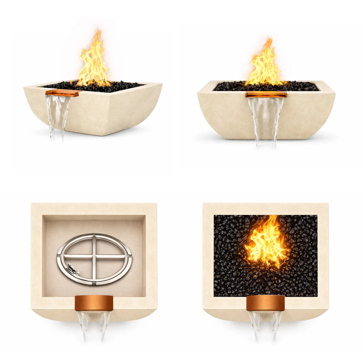 Multi-image product layout showing four views of the white Serenity Series square curved fire and water bowl. Images include angled and front flame views with copper spillway waterfall, plus top interior burner assembly and fire glass flame view, showcasing the bowl’s construction and operation.