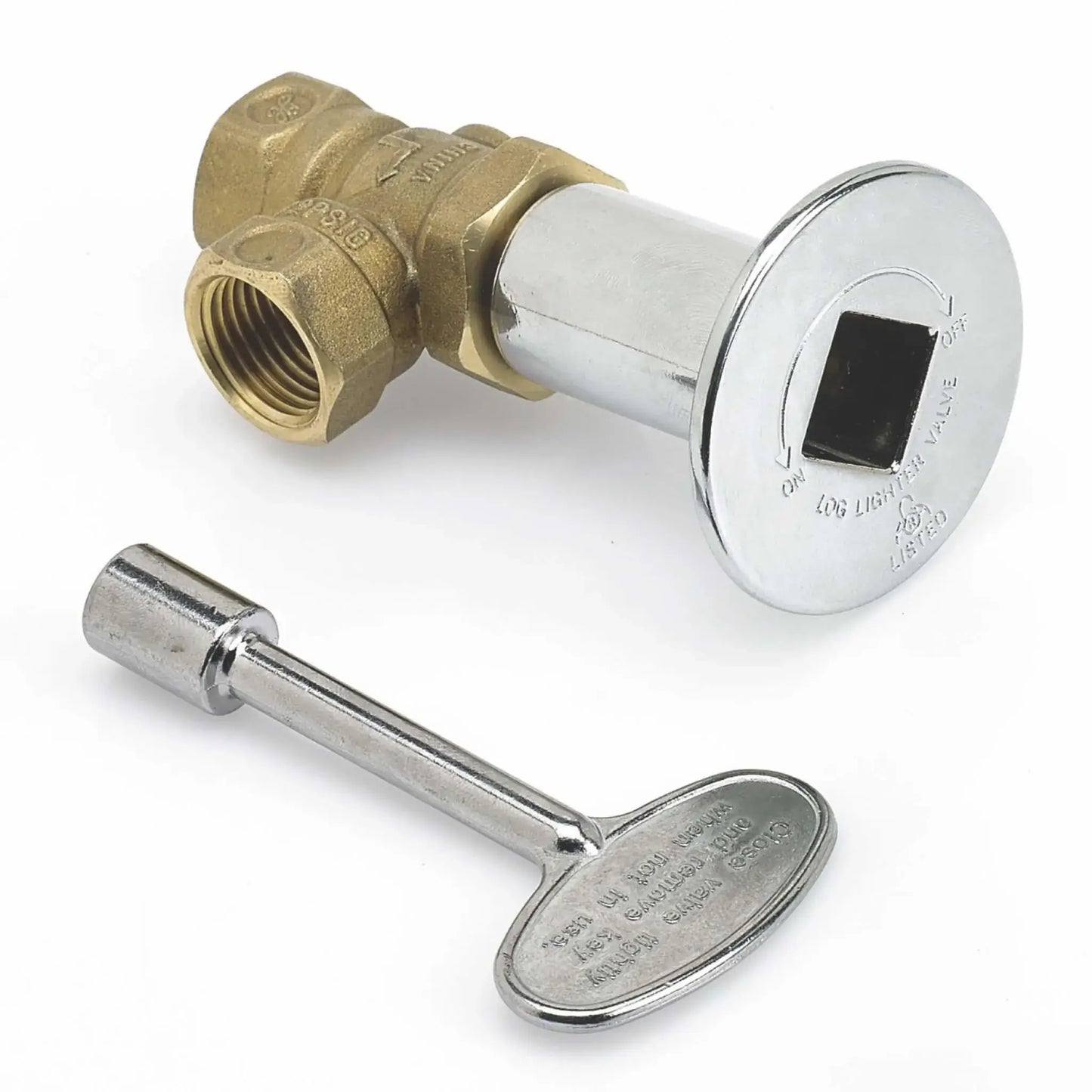 90-degree chrome fire pit key valve with heavy-duty brass construction, angled gas inlet, polished chrome trim plate, and matching valve key, designed for wall-mounted fire pit gas control applications.