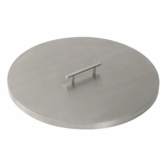 Round stainless steel fire pit burner cover featuring a clean brushed surface, softly rounded edges, and a centered stainless handle, ideal for protecting fire pit burners when not in use.
