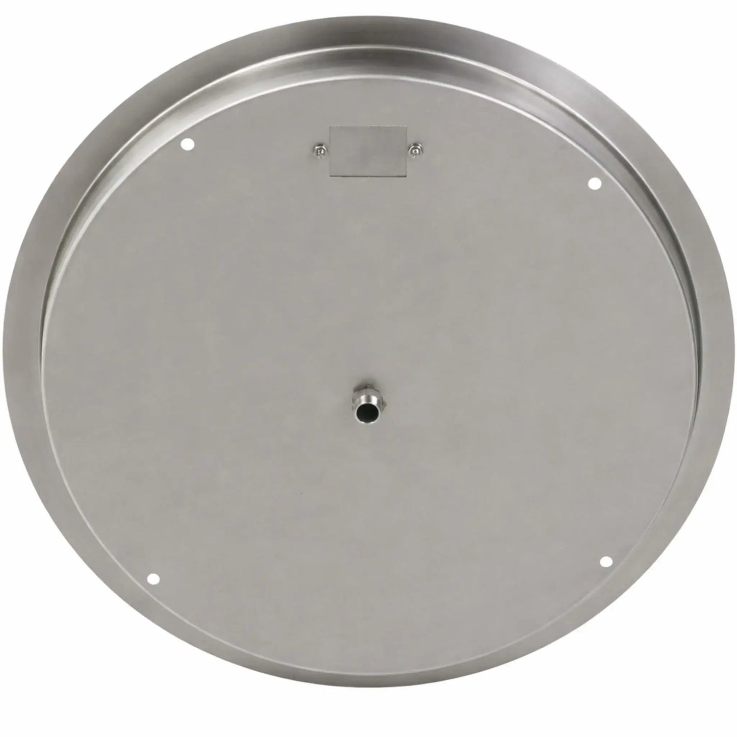 Bottom view of a round stainless steel drop-in fire pit burner pan showing the smooth underside, central gas inlet connection, and mounting points for secure outdoor installation.