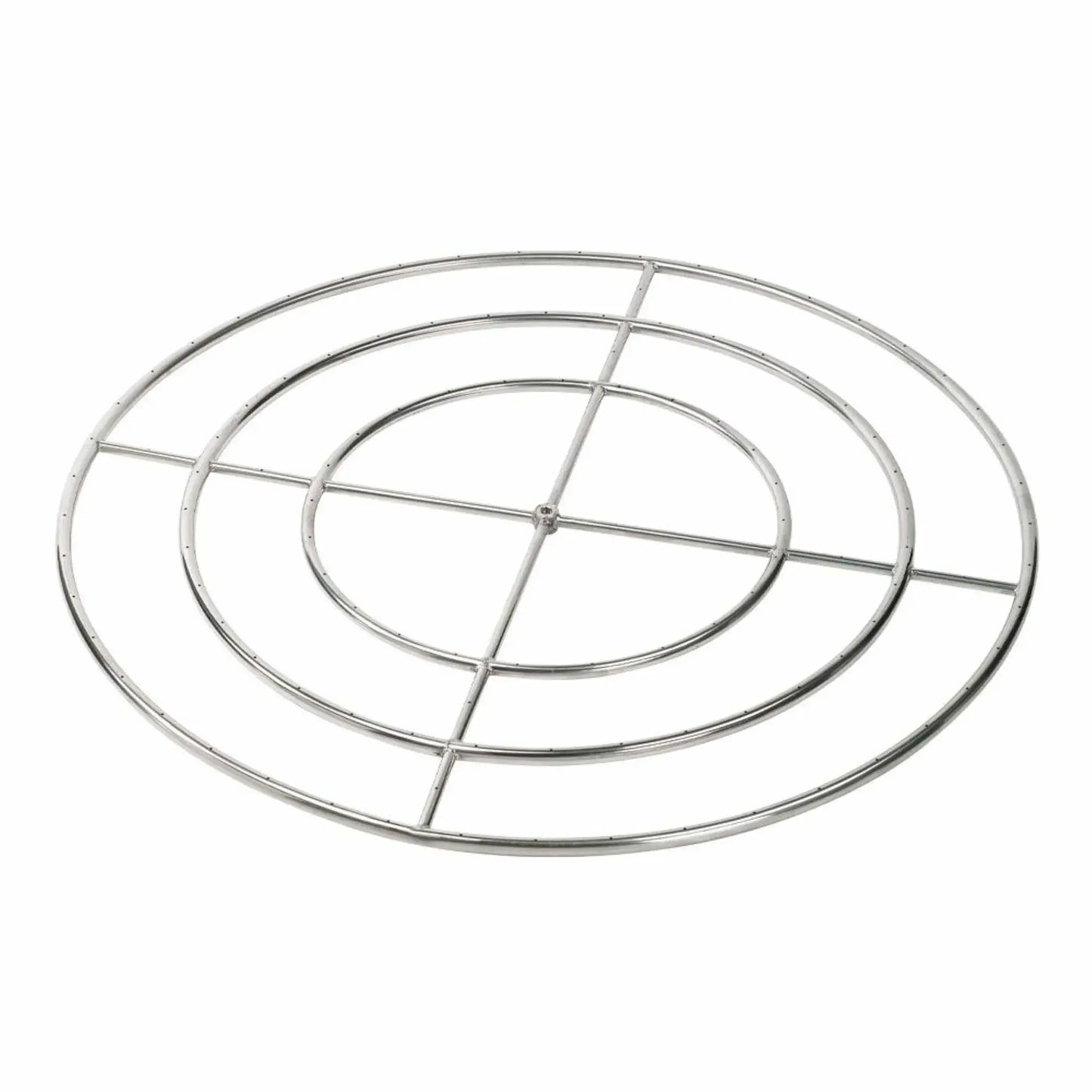 48 inch round stainless steel fire pit burner ring featuring triple concentric rings with cross supports and precision drilled gas ports, large diameter welded stainless steel construction with central gas inlet, isolated on a white background.