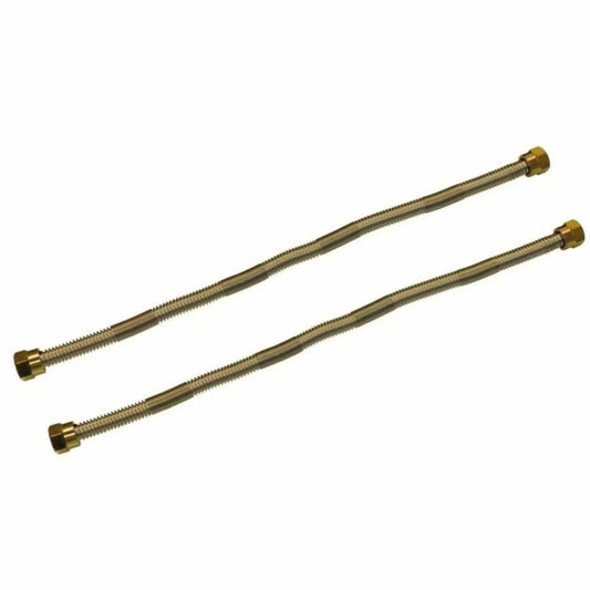 Two stainless steel whistle-free flexible gas lines designed for fire pit installations, featuring corrugated tubing and brass end fittings to reduce noise and provide a smooth, quiet gas flow.