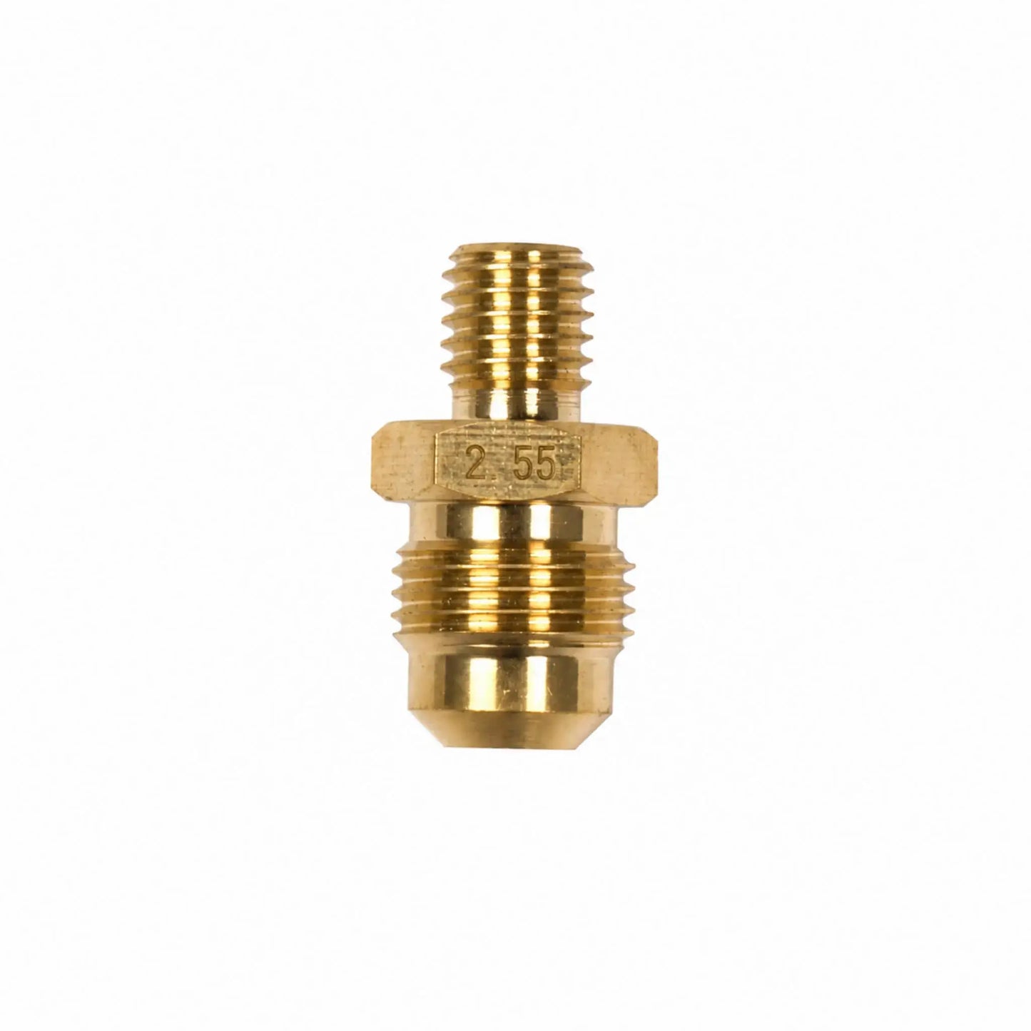 Close-up of the Flame Havens Refuge Series propane gas orifice on a white background. The brass fire pit replacement fitting has male threads at both ends, a hex-shaped center for tightening, a tapered lower connection, and a clearly engraved “2.55” marking that identifies the propane orifice size.