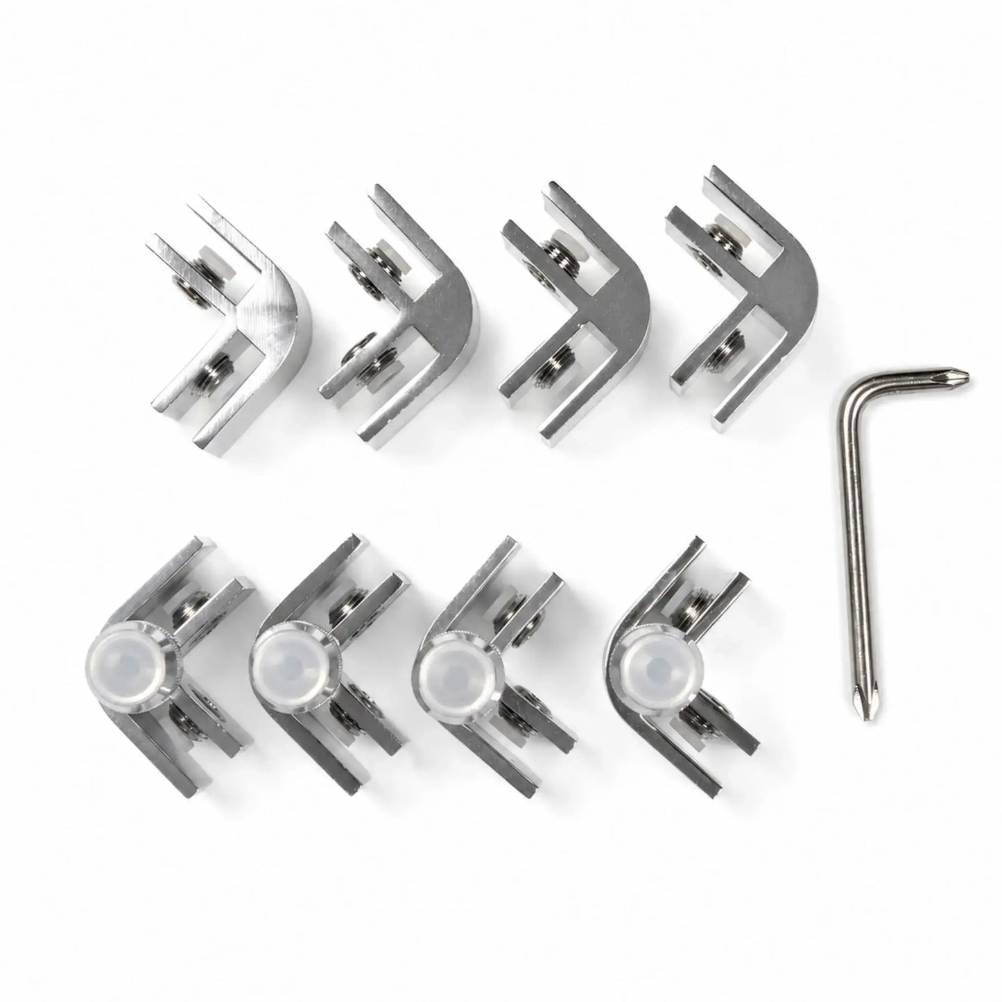 Top view of the Flame Havens Refuge Series rectangle and square tempered glass wind guard hardware kit. Arranged on a white background, the set includes eight polished metal corner clamps with cushioned glass channels, adjustment screws, four clear support feet, and an L-shaped driver tool for assembly.