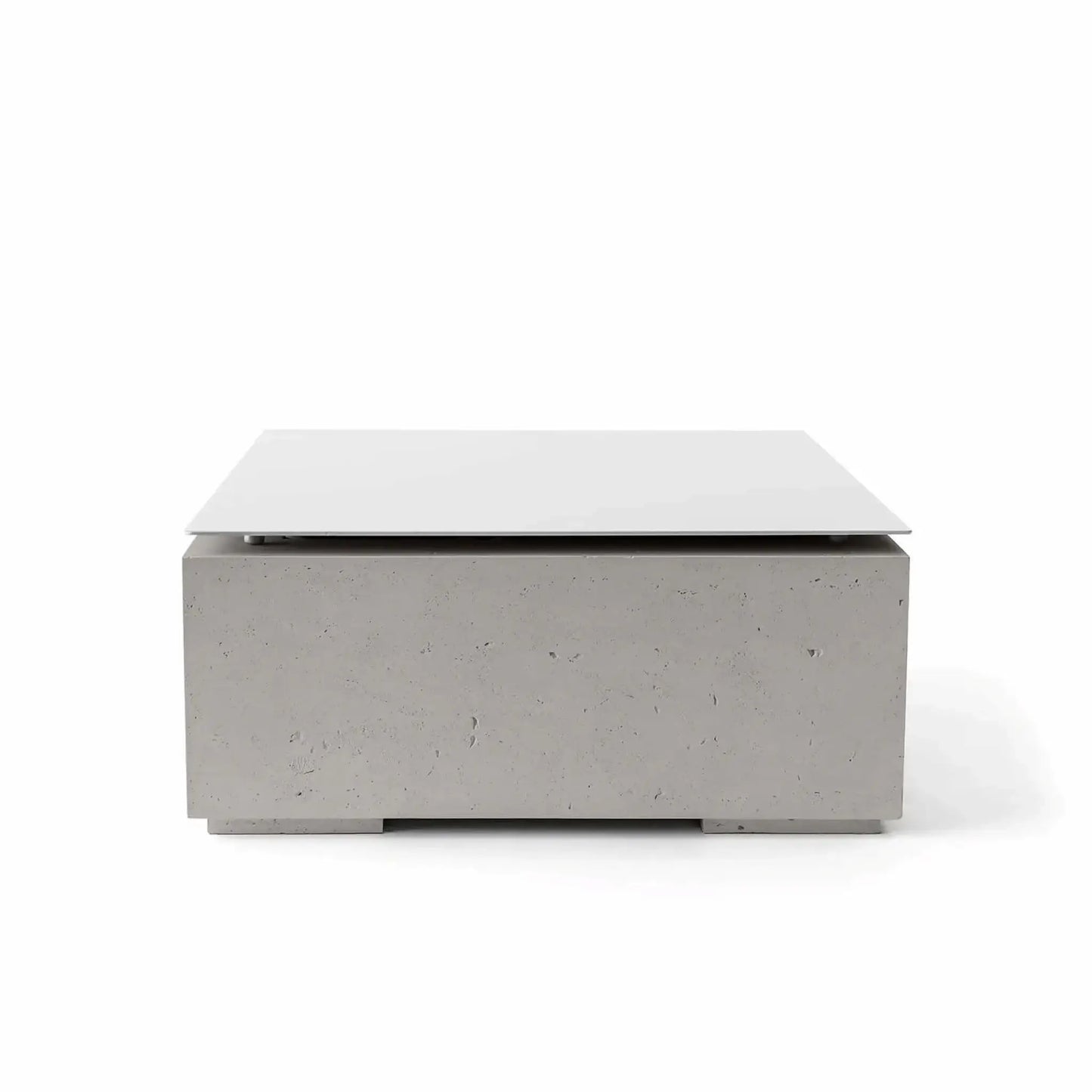 HPC Fire Hearth Products Controls Dekko GFRC Concrete Alea Bravo 32 x 32 Fire Pit Sandstone Table Top Lid shown in a professional product image. The square protective cover rests on a sandstone-colored GFRC concrete fire pit base featuring warm neutral tones and subtle concrete texture. Designed for outdoor entertaining areas, the lid conceals the burner opening and transforms the fire pit into an elegant tabletop surface.