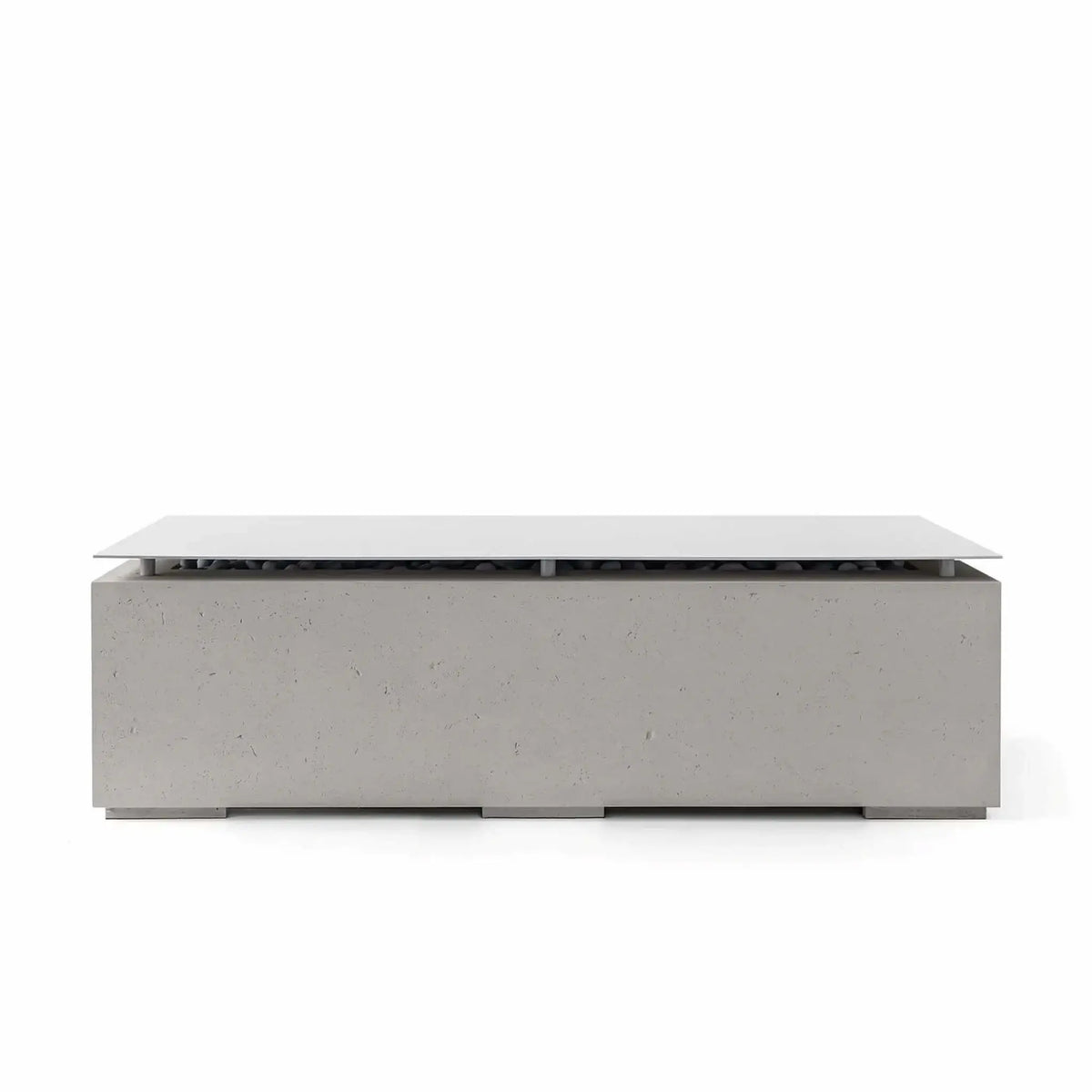 Front view of the HPC Fire Hearth Products Controls Dekko GFRC Concrete Avera 60 x 26 Fire Pit in Sandstone finish featuring a stainless steel table top lid. The rectangular outdoor fire pit displays a warm beige concrete texture, contemporary low-profile design, hidden burner section with decorative media underneath, and elegant modern styling suitable for patios and outdoor living areas.