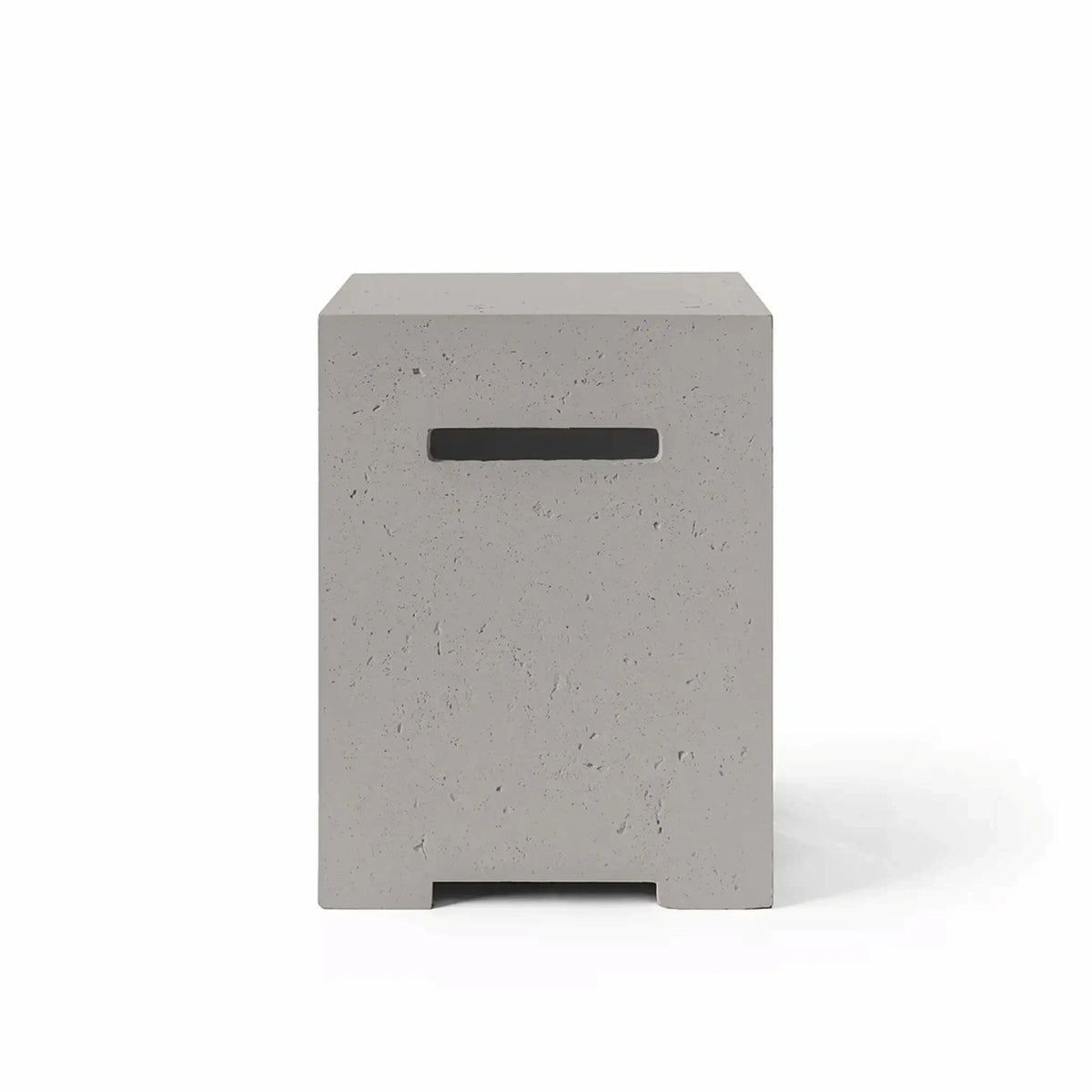 HPC Fire Hearth Products Controls Dekko GFRC Concrete Propane Tank Cover in Sandstone finish, displayed in a front-facing product image with a white background. The cover showcases a warm light gray-beige concrete color, authentic GFRC texture, modern geometric shape, and recessed handle opening. Designed to discreetly store propane tanks, it enhances the appearance of outdoor fire pits, fire tables, and contemporary patio living areas.