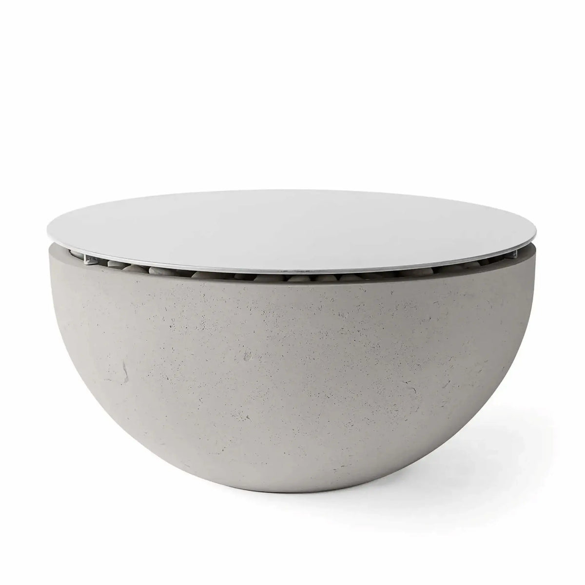 HPC Fire Hearth Products Controls Dekko GFRC Concrete Serenade 40 Fire Pit Sandstone Table Top Lid shown on a sandstone-colored GFRC concrete fire pit. The circular tabletop cover conceals the burner compartment and converts the fire feature into a usable outdoor table. The warm sandstone finish and minimalist bowl silhouette are ideal for upscale patios and outdoor gathering spaces.