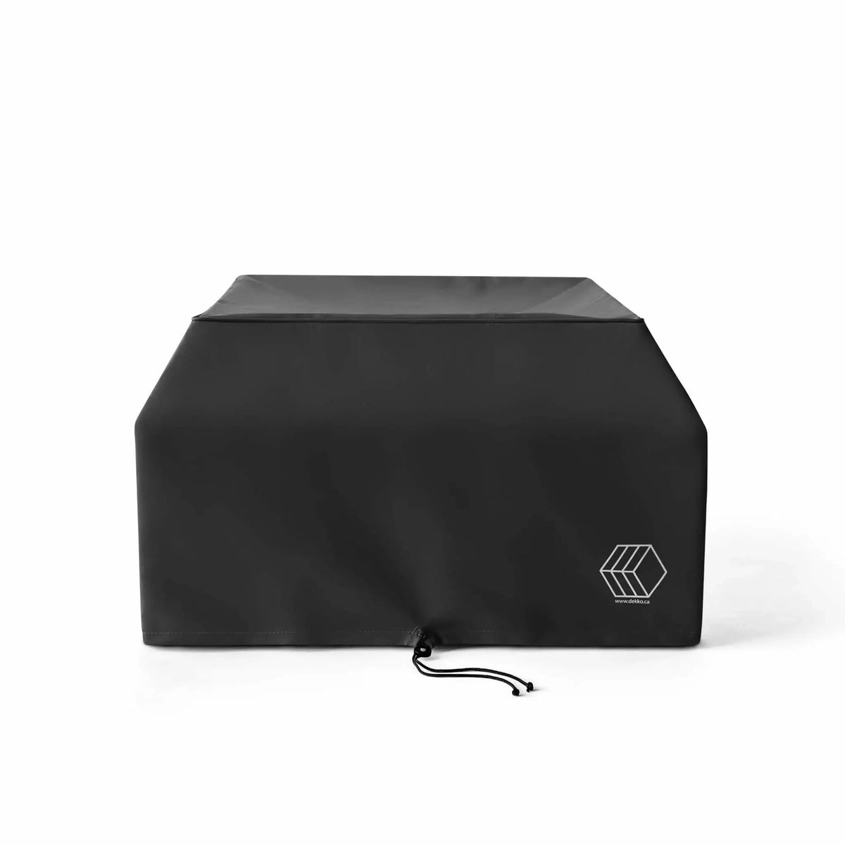 HPC Fire Hearth Products Controls GFRC Concrete Alea 32 x 32 Weather Cover Tall Wind Guard Installed shown in a studio product image against a clean white background. The black weather-resistant cover is specifically shaped to fit an Alea 32-inch by 32-inch GFRC concrete fire pit equipped with a tall glass wind guard, providing full protection for both the fire feature and wind guard assembly. The durable cover includes reinforced seams, a secure drawstring closure and branded.