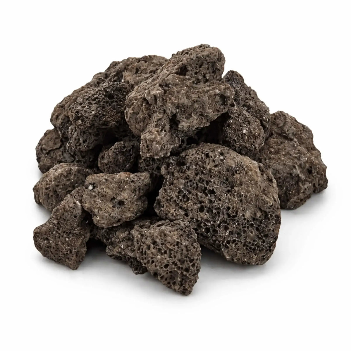 Pile of natural lava rock stones with porous texture and dark brown to charcoal tones, isolated on a clean white background, showcasing irregular shapes and lightweight volcanic material used for gas fire pits and burners.