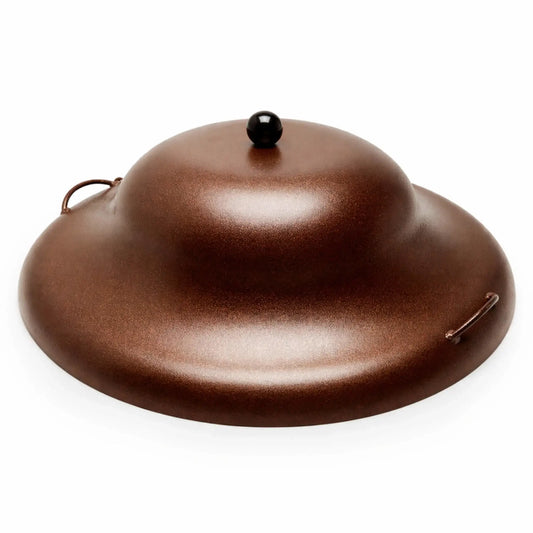 Copper vein aluminum round fire pit burner cover with a tall domed shape, accented by a rich bronze-toned textured finish. The cover includes a glossy black top knob and two side handles for easy removal. Set on a white background, the warm metallic tones and subtle speckled texture give it a refined, high-end look ideal for outdoor fire pits.