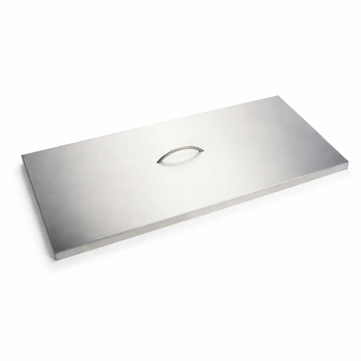 A rectangular stainless steel burner cover with a brushed metal surface is displayed diagonally against a white background. The flat lid includes a centered, arched handle for convenient removal. Its clean lines, subtle sheen, and sturdy build emphasize a modern protective solution designed to shield fire pit burners from debris and weather exposure.