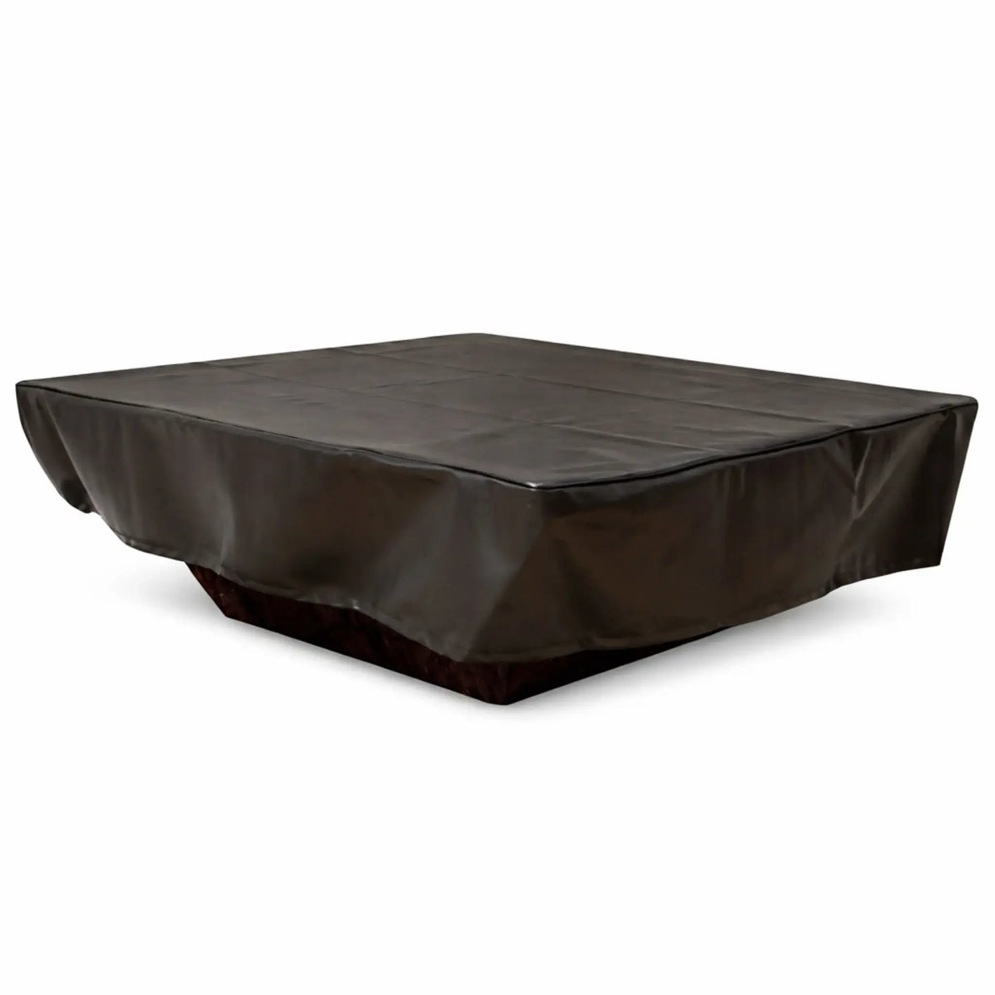 Square black vinyl fire pit cover displayed on a white background, designed for full coverage and protection of a large outdoor fire table. The cover has a smooth, slightly reflective surface with visible natural folds and stitching lines across the top. The sides drape evenly with reinforced seams and clean edges, indicating a snug, tailored fit. Its durable, weather-resistant material helps shield against rain, debris, and UV exposure.