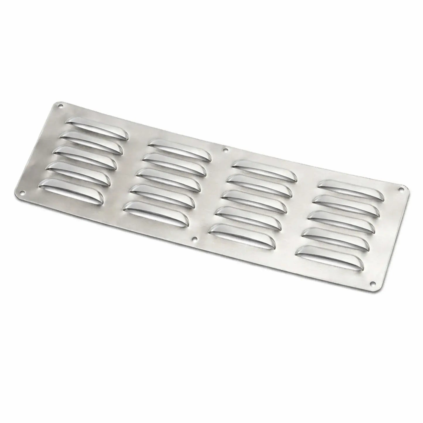 Louvered stainless steel fire pit enclosure vent from Hearth Products Controls, designed with angled vent louvers that allow airflow while helping block debris and moisture. This rectangular 304 stainless steel fire pit vent is commonly installed in outdoor gas fire pit enclosures to improve ventilation, release heat, and prevent gas accumulation inside fire pit structures.