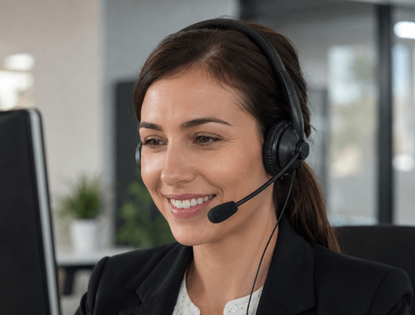 Flame Havens customer service close-up showing a smiling support representative wearing a headset and microphone while working at a computer. The image represents personalized Flame Havens customer service, technical support, product assistance and guidance for customers, dealers and trade professionals.