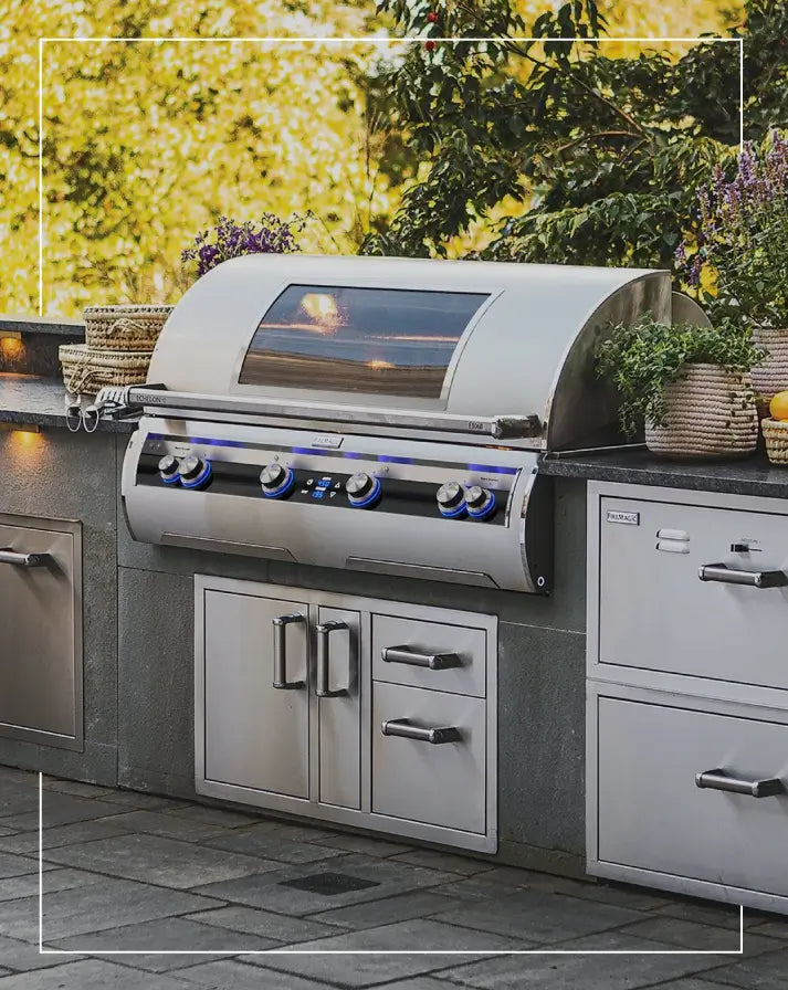 Premium stainless steel outdoor BBQ grill with storage cabinets, set in a stylish outdoor kitchen for ultimate backyard cooking experiences.