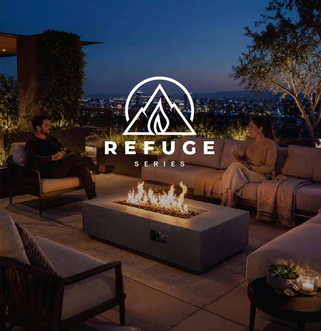 Outdoor patio scene at dusk with two people seated on a patio fire pit table surrounded by lounge chairs, with a city skyline in the background. A white Refuge Series logo is overlaid in the center.