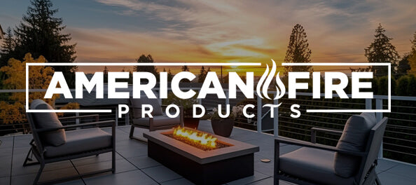 Outdoor patio scene at sunset with a fire pit table in the center, flanked by two gray lounge chairs. Large overlaid text reads 'AMERICAN FIRE PRODUCTS' across the middle, with trees and a warm sky in the background.