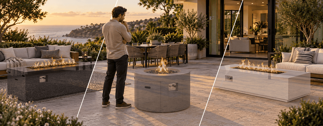 A man is staring at his modern backyard patio overlooking the beach and imagining the three styles of fire pits that could be installed and where to put them.
