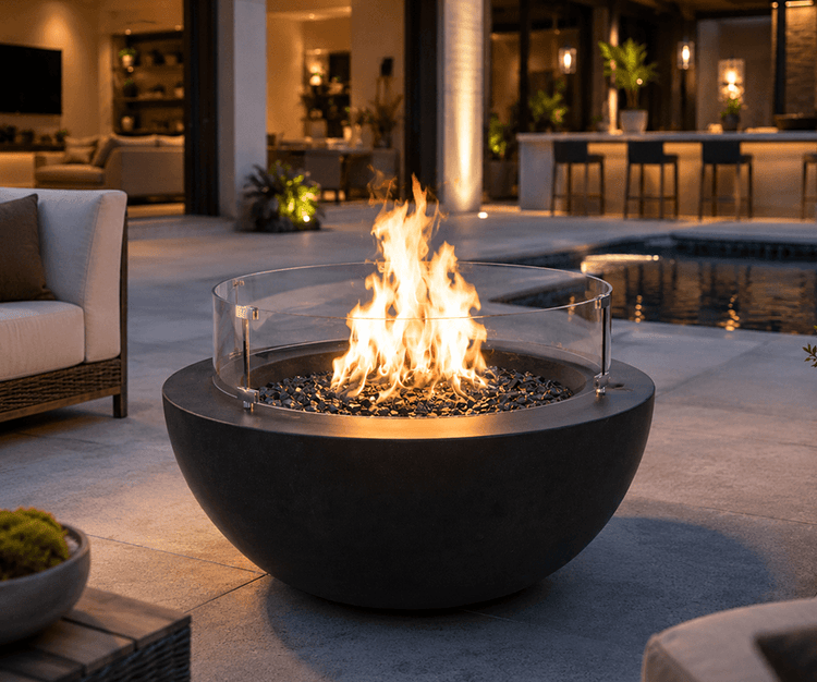 Flame Havens hero image featuring a modern round black gas fire pit burning beside a swimming pool at night.