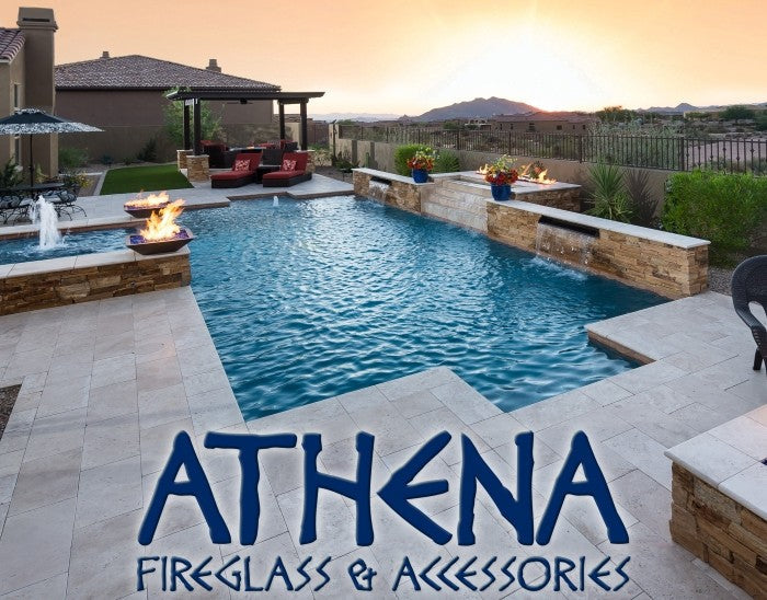 Athena Fireglass Lifestyle Logo showcasing a luxurious outdoor pool area with elegant fire features, highlighting premium fireglass and accessories for upscale backyard designs. Perfect for enhancing outdoor ambiance with style and sophistication.