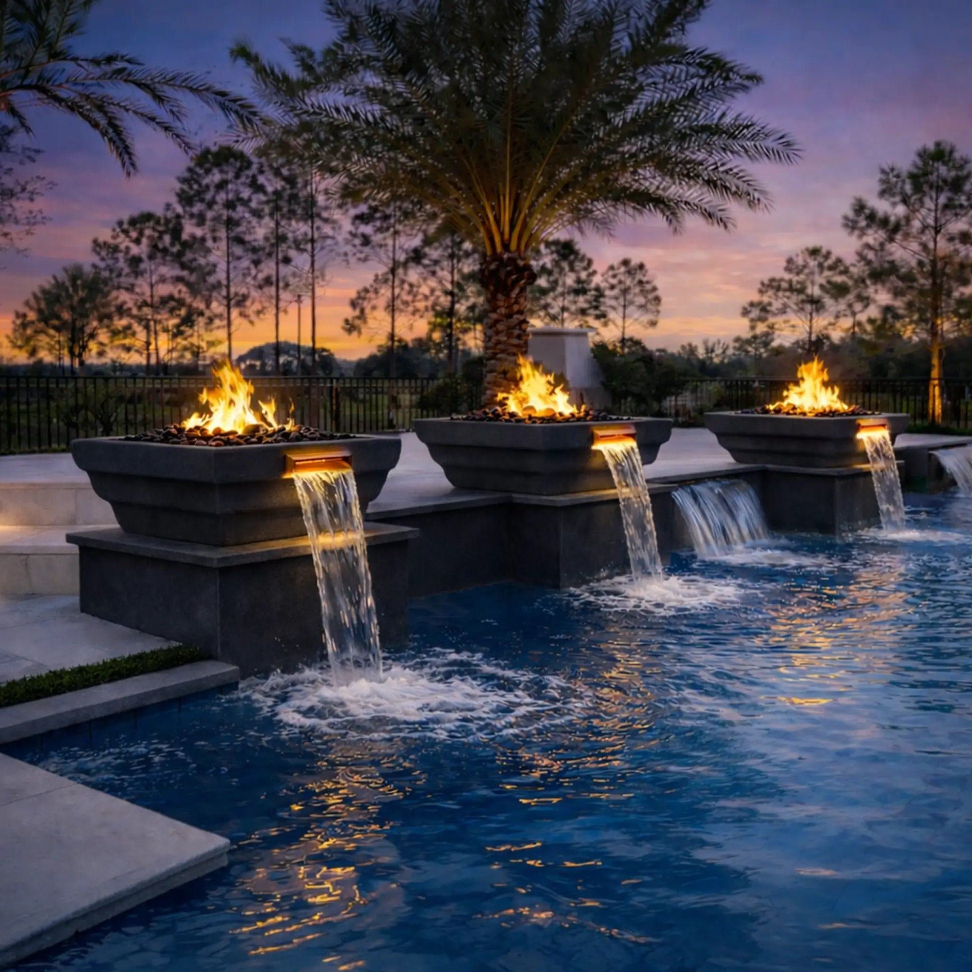 Luxury poolside installation featuring three graphite Ripple square rounded fire and water bowls from the Flame Havens Serenity Series. Each bowl burns a bright gas flame above dark lava rock while a copper spillway releases a smooth sheet waterfall into a blue swimming pool. Palm trees and a sunset sky create an upscale backyard resort atmosphere.
