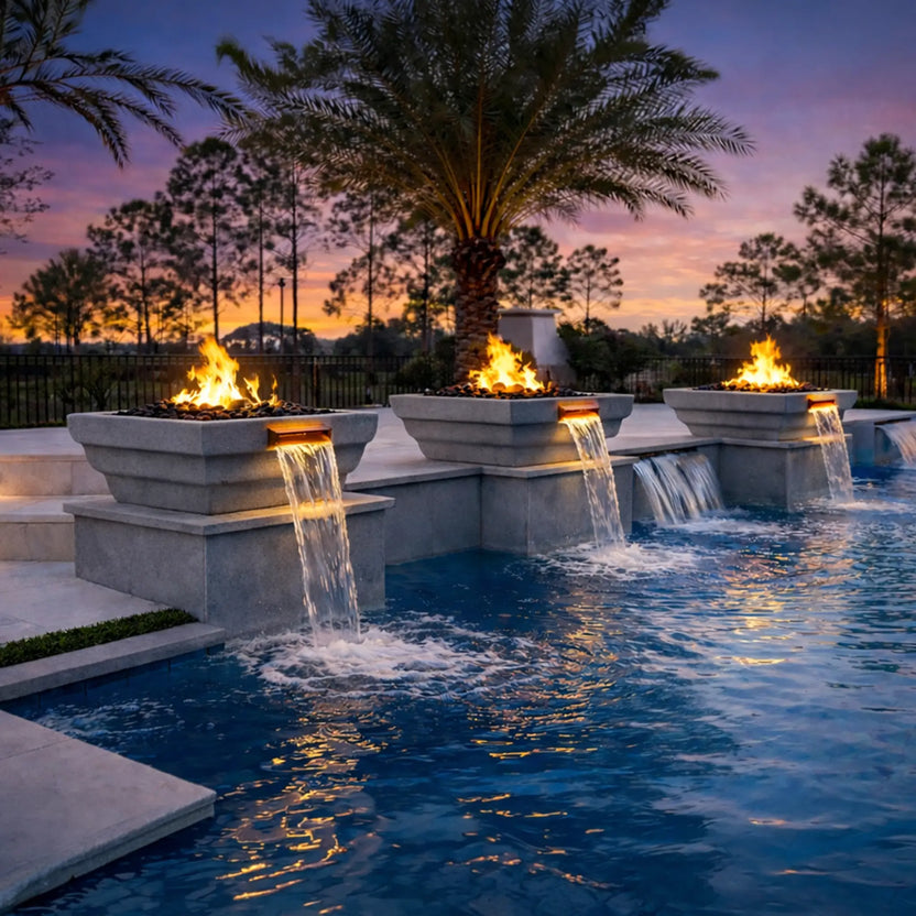Evening poolscape showing three gray Serenity Series Ripple fire and water bowls mounted along a raised pool wall. Each square GFRC concrete bowl produces a vibrant flame above black lava rock while illuminated copper spillways cascade clear water into the swimming pool. A palm tree and sunset sky frame the luxury outdoor setting.