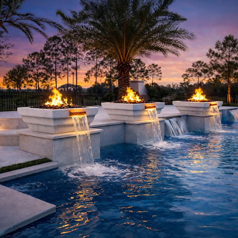 Elegant backyard pool installation with three white Ripple Serenity Series fire and water bowls aligned along a pool edge. Bright flames burn above black lava rock while warm-lit copper spillways pour continuous waterfalls into the pool below. Palm trees, landscape lighting, and a colorful sunset create a relaxing resort-style ambiance.