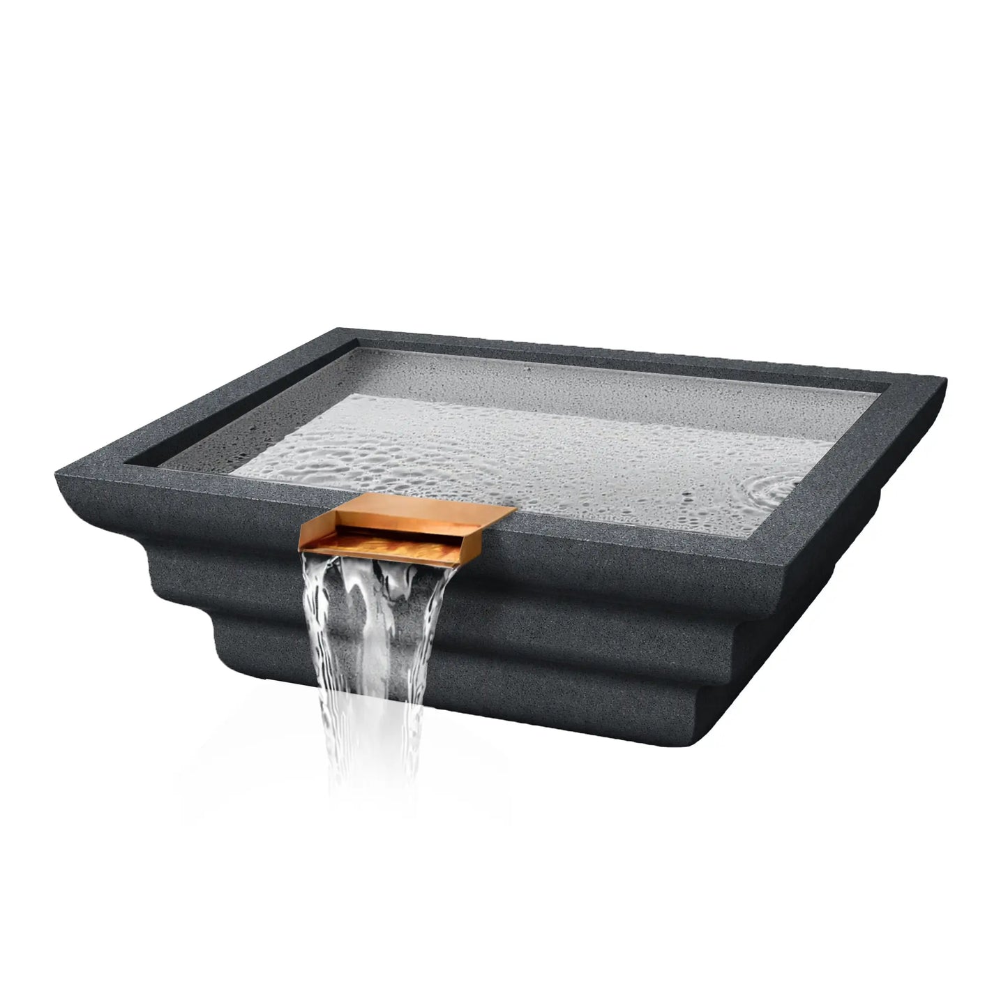 Angled product view of the Flame Havens Serenity Series ripple square rounded water bowl in a dark graphite finish. The modern square basin features layered ripple-style exterior contours and a copper scupper spillway that pours a smooth sheet of water over the front edge. The basin surface shows gentle water movement, highlighting the architectural pool water feature designed for luxury outdoor pools and landscapes.