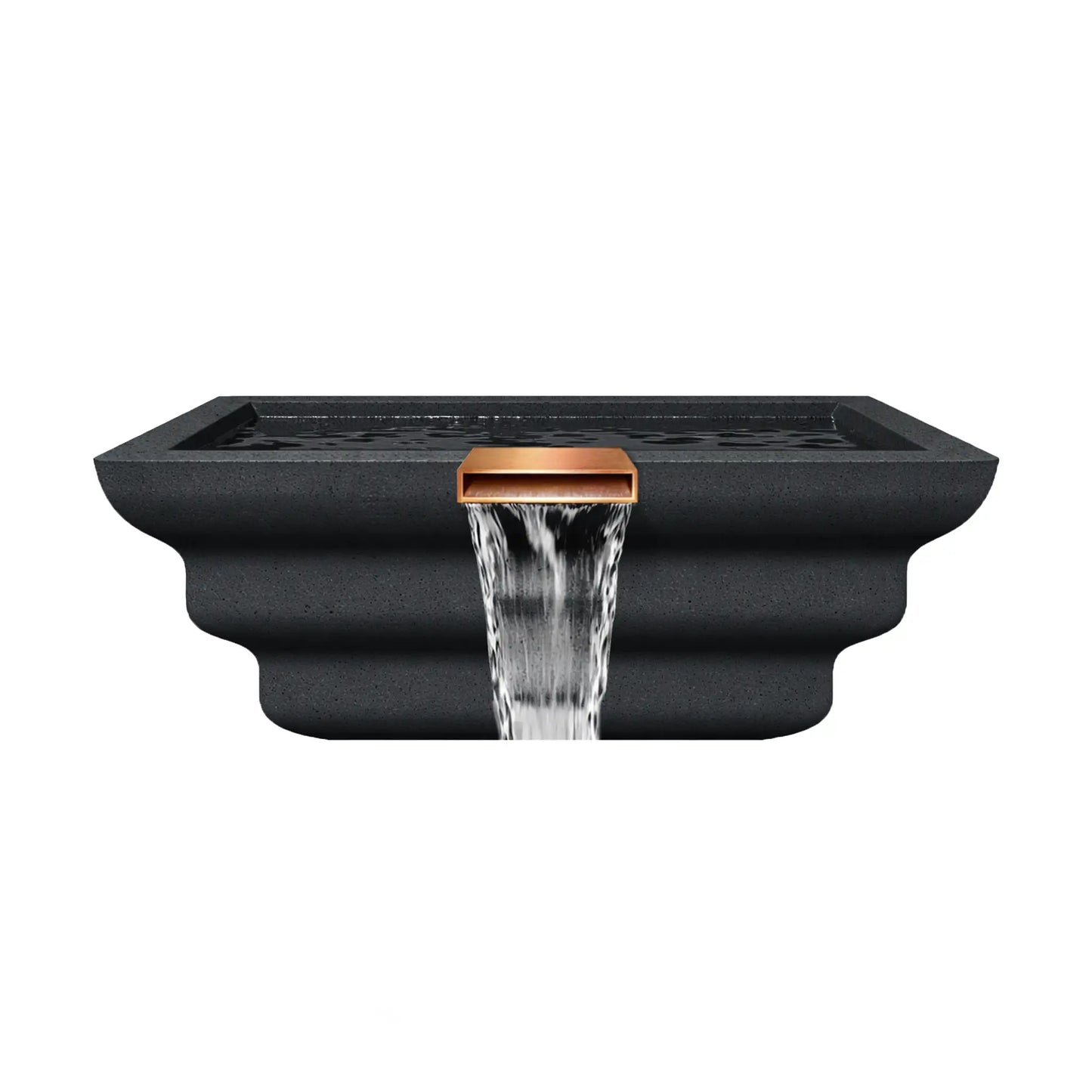 Front elevation view of the graphite Serenity Series square ripple water bowl with a centered copper spillway. Water flows evenly from the rectangular scupper, forming a smooth waterfall stream cascading downward. The textured graphite finish and stacked ripple profile give the bowl a sculpted architectural appearance ideal for modern poolside water features.