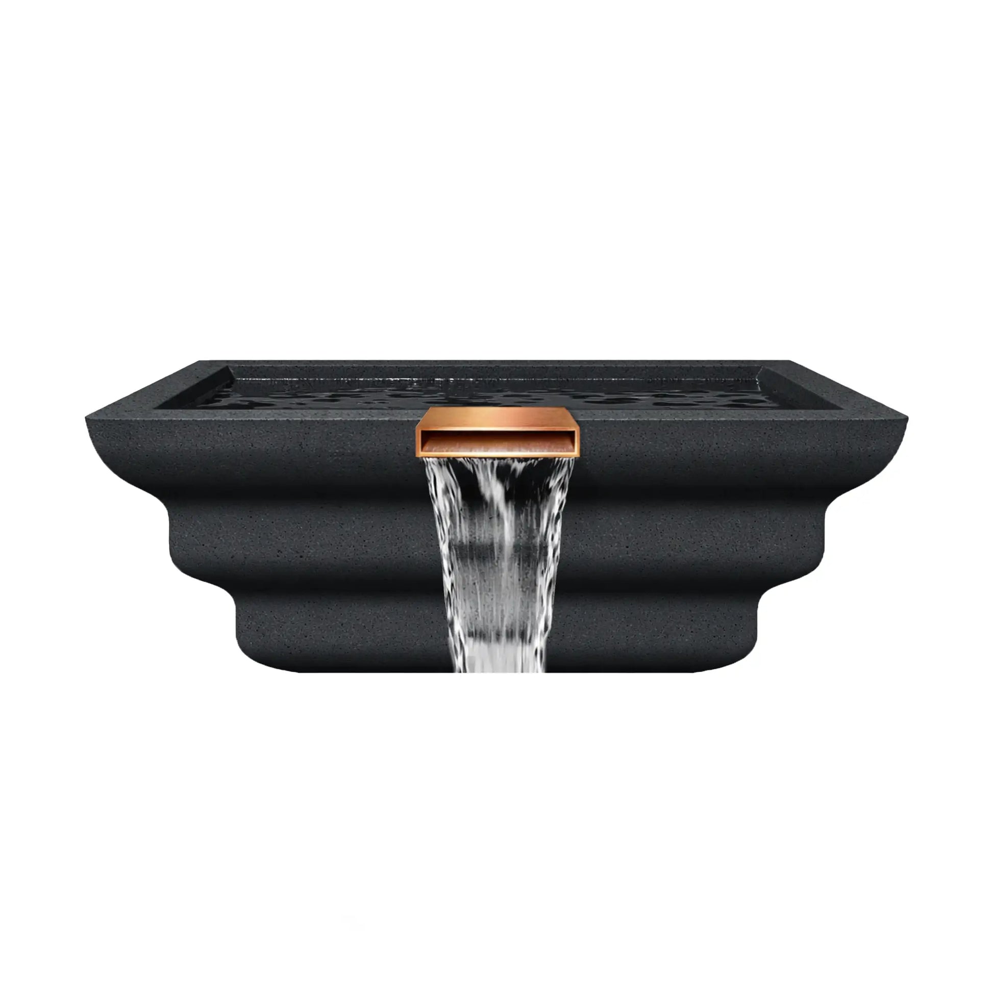 Front elevation view of the graphite Serenity Series square ripple water bowl with a centered copper spillway. Water flows evenly from the rectangular scupper, forming a smooth waterfall stream cascading downward. The textured graphite finish and stacked ripple profile give the bowl a sculpted architectural appearance ideal for modern poolside water features.