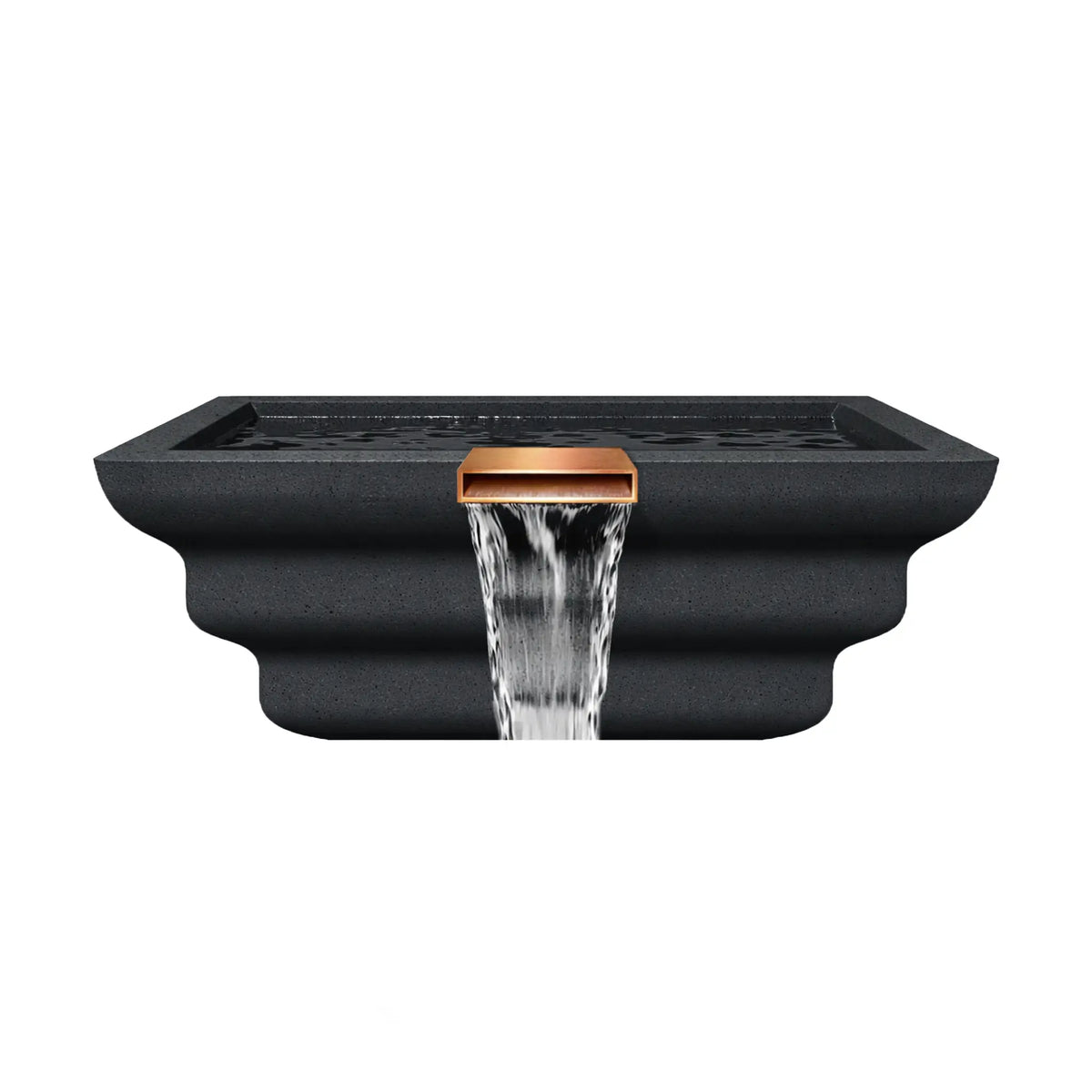 Front elevation view of the graphite Serenity Series square ripple water bowl with a centered copper spillway. Water flows evenly from the rectangular scupper, forming a smooth waterfall stream cascading downward. The textured graphite finish and stacked ripple profile give the bowl a sculpted architectural appearance ideal for modern poolside water features.