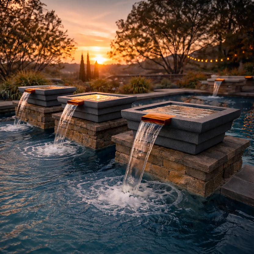 Lifestyle installation image showing three graphite Serenity Series ripple square water bowls mounted on stacked stone pedestals along a luxury swimming pool. Each bowl features a copper spillway releasing a continuous waterfall into the pool below. The scene is captured at sunset with trees, landscape lighting, and warm sky tones creating a relaxing backyard resort-style atmosphere.