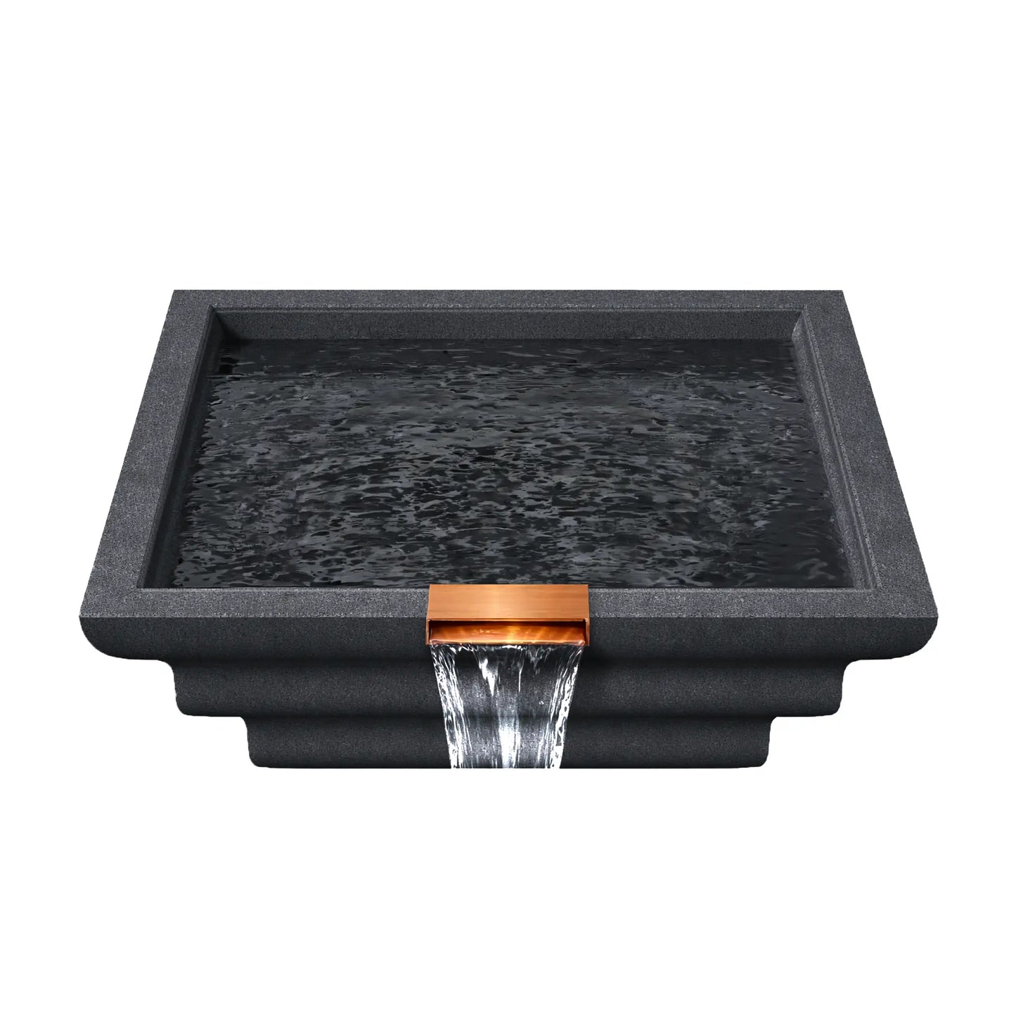 Top view of the graphite Serenity Series ripple square water bowl filled with water, displaying rippling surface reflections inside the geometric basin. A copper spillway at the front edge releases a steady waterfall stream, emphasizing the bowl’s function as a decorative pool water feature designed for modern outdoor living spaces.