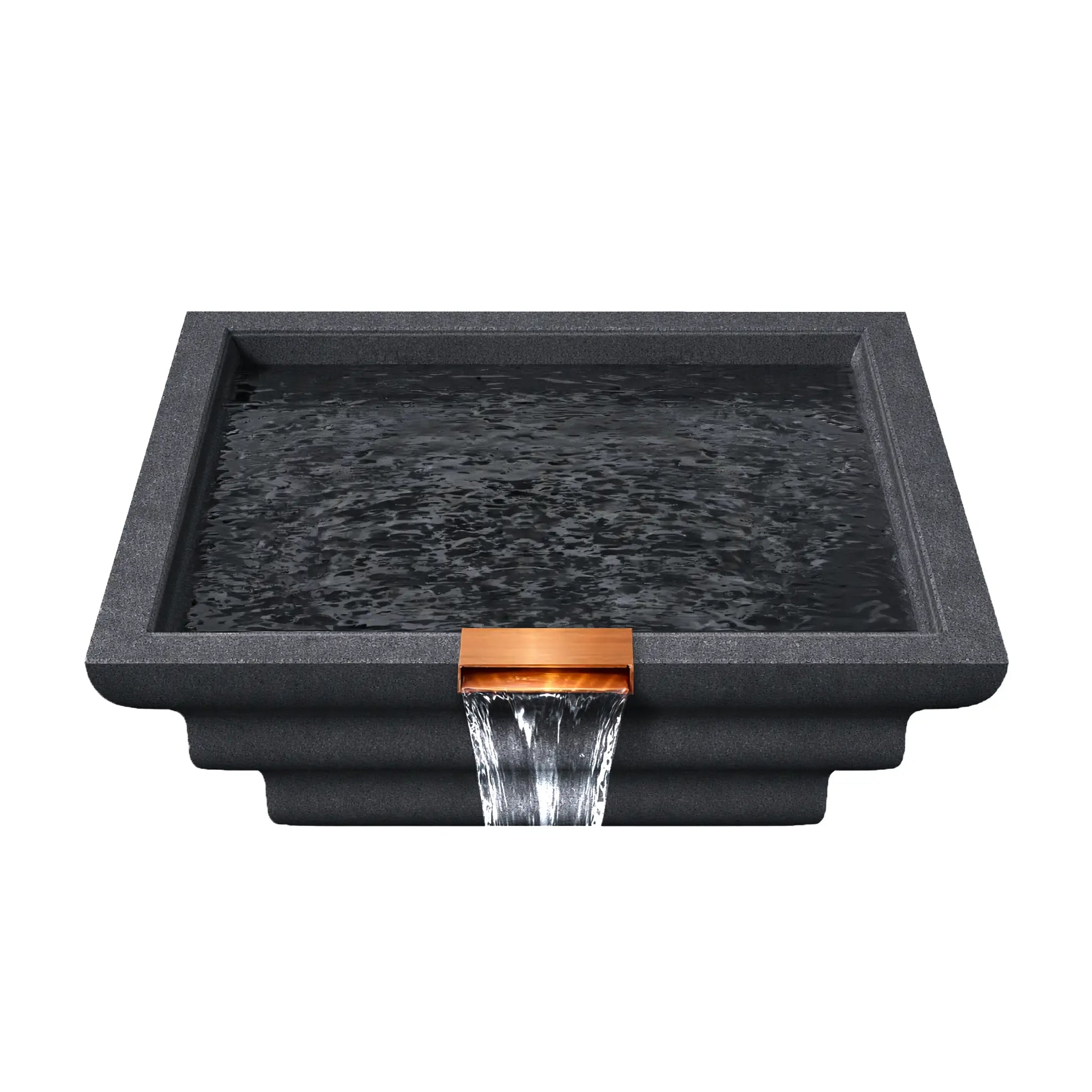Top view of the graphite Serenity Series ripple square water bowl filled with water, displaying rippling surface reflections inside the geometric basin. A copper spillway at the front edge releases a steady waterfall stream, emphasizing the bowl’s function as a decorative pool water feature designed for modern outdoor living spaces.