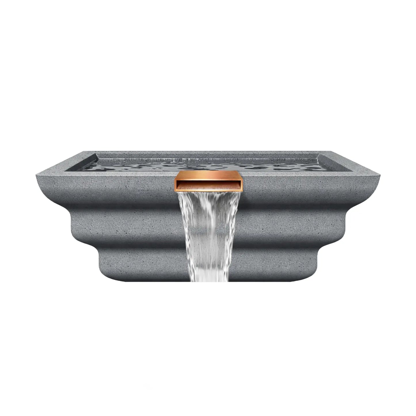 Front view of the Serenity Series square ripple water bowl in gray, highlighting the centered copper waterfall spillway and the sculpted ripple-style exterior design. Water flows continuously from the rectangular scupper opening, forming a clean vertical cascade that enhances modern pool or spa water feature designs.