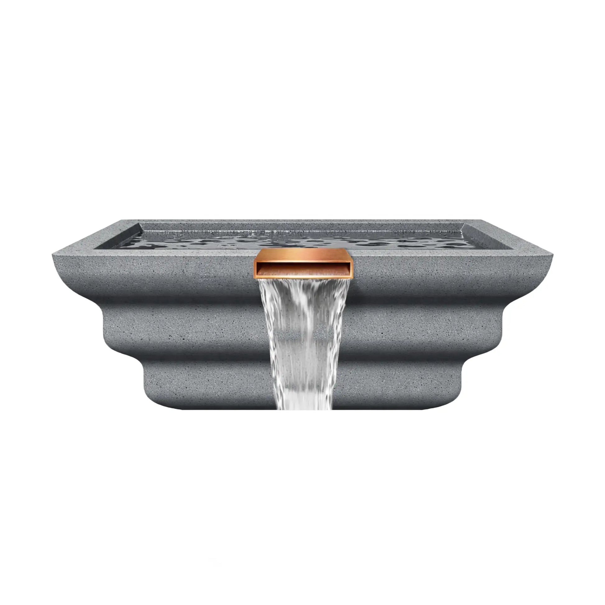 Front view of the Serenity Series square ripple water bowl in gray, highlighting the centered copper waterfall spillway and the sculpted ripple-style exterior design. Water flows continuously from the rectangular scupper opening, forming a clean vertical cascade that enhances modern pool or spa water feature designs.