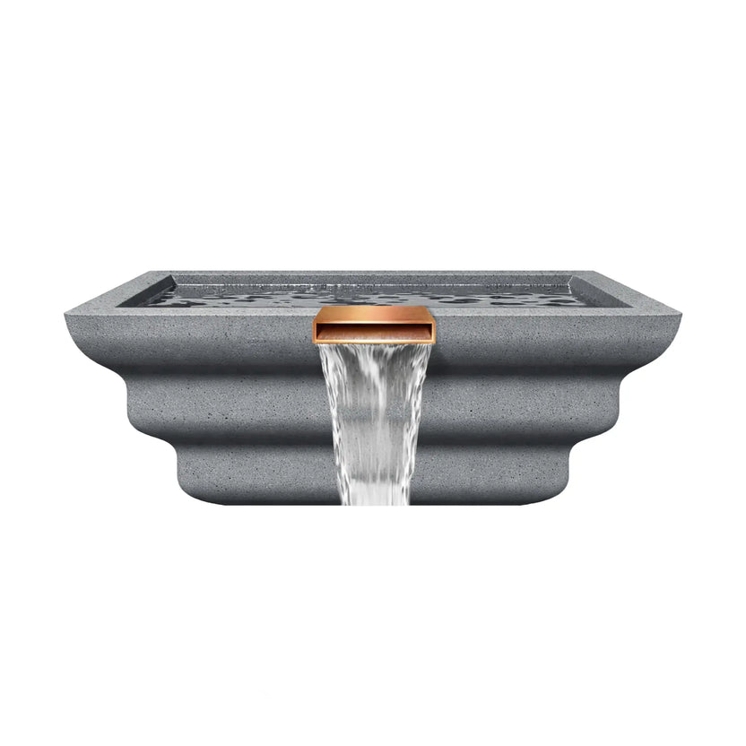 Front view of the Serenity Series square ripple water bowl in gray, highlighting the centered copper waterfall spillway and the sculpted ripple-style exterior design. Water flows continuously from the rectangular scupper opening, forming a clean vertical cascade that enhances modern pool or spa water feature designs.