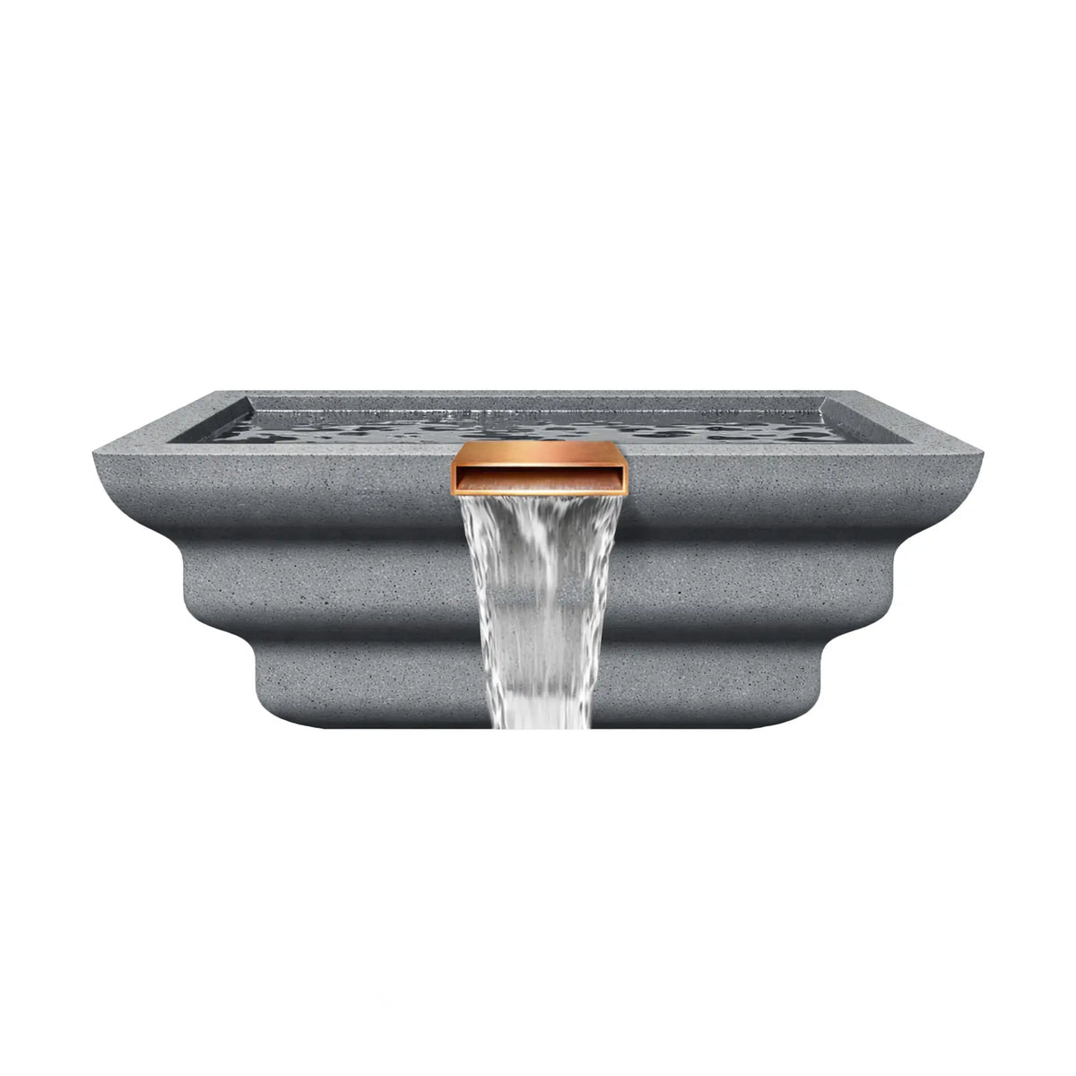 Front view of the Serenity Series square ripple water bowl in gray, highlighting the centered copper waterfall spillway and the sculpted ripple-style exterior design. Water flows continuously from the rectangular scupper opening, forming a clean vertical cascade that enhances modern pool or spa water feature designs.