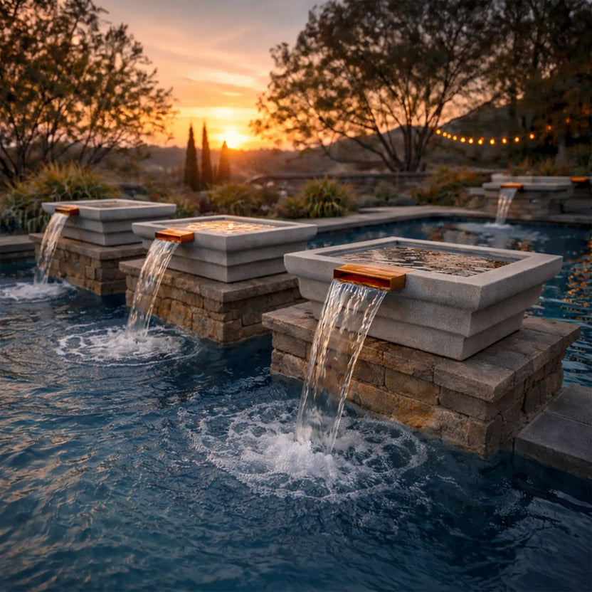 Outdoor lifestyle scene featuring three gray Serenity Series ripple square water bowls installed along a pool edge on stacked stone pedestals. Each bowl releases a smooth waterfall through a copper spillway into the swimming pool below. The setting captures a warm sunset landscape with trees, garden lighting, and a serene backyard resort ambiance.
