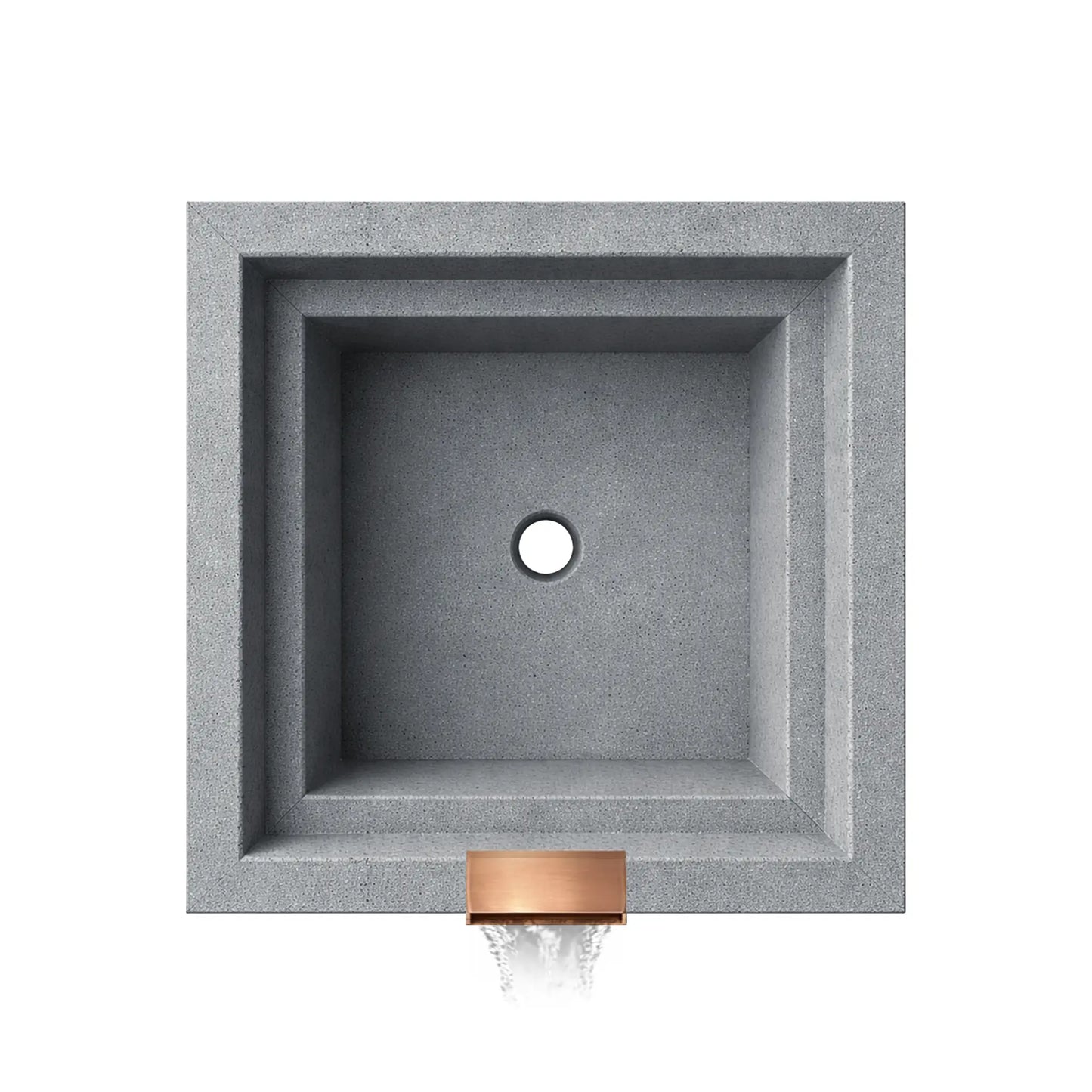 Top-down empty basin view of the Serenity Series ripple square water bowl in gray finish. The stepped square interior design and centered drain opening are clearly visible, along with the front copper spillway outlet that allows water to flow outward as a decorative waterfall feature for pools and outdoor water installations.
