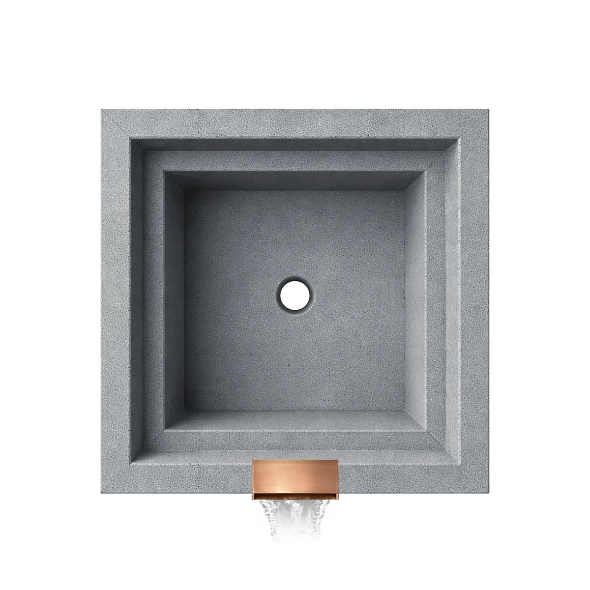 Top-down empty basin view of the Serenity Series ripple square water bowl in gray finish. The stepped square interior design and centered drain opening are clearly visible, along with the front copper spillway outlet that allows water to flow outward as a decorative waterfall feature for pools and outdoor water installations.