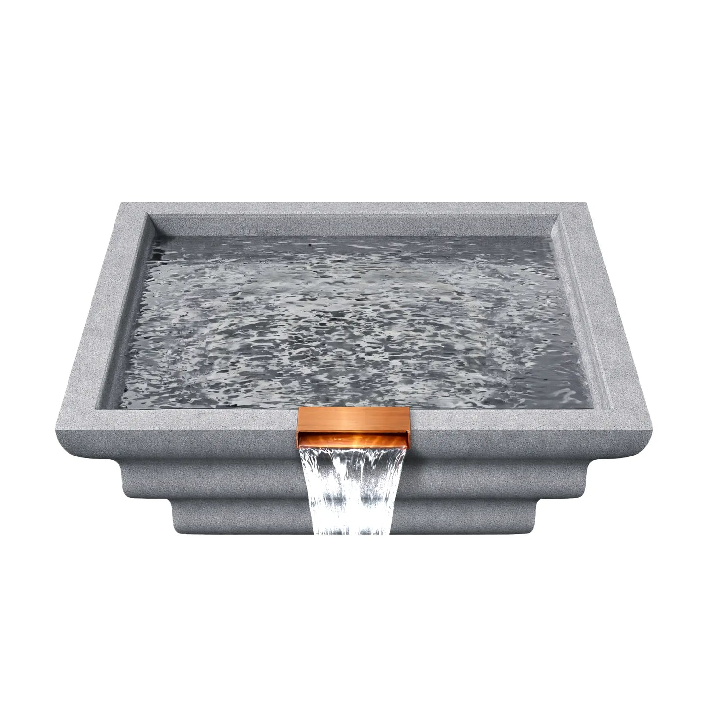 Top view of the gray Serenity Series ripple square water bowl filled with water, showing the reflective basin surface and copper spillway outlet along the front edge. Water gently ripples inside the square bowl before spilling over the scupper to create a smooth waterfall feature designed for luxury pool landscapes.