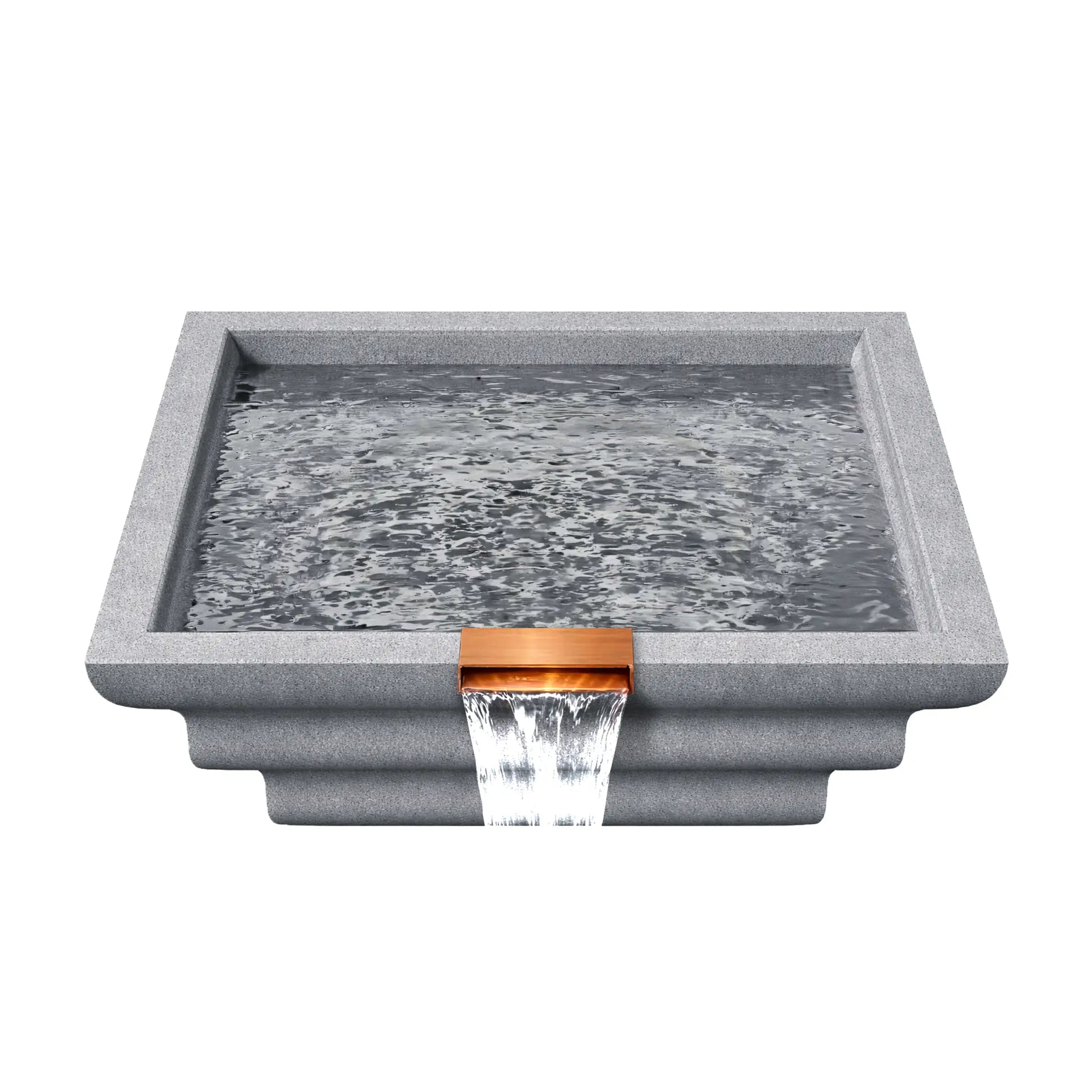 Top view of the gray Serenity Series ripple square water bowl filled with water, showing the reflective basin surface and copper spillway outlet along the front edge. Water gently ripples inside the square bowl before spilling over the scupper to create a smooth waterfall feature designed for luxury pool landscapes.