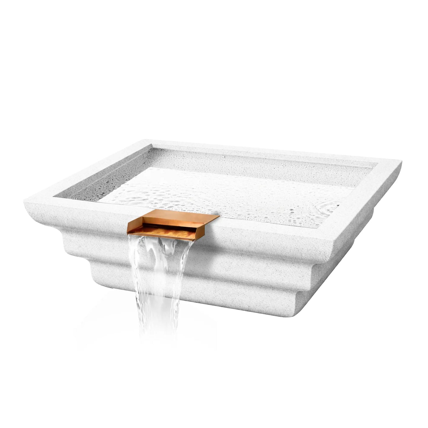 Angled product view of the Flame Havens Serenity Series ripple square water bowl in a bright white finish. The modern square basin features layered ripple-style exterior contours and a centered copper spillway that pours a smooth sheet of water over the edge. Gentle ripples across the basin surface highlight the architectural pool water feature designed for contemporary backyard and poolside landscapes.