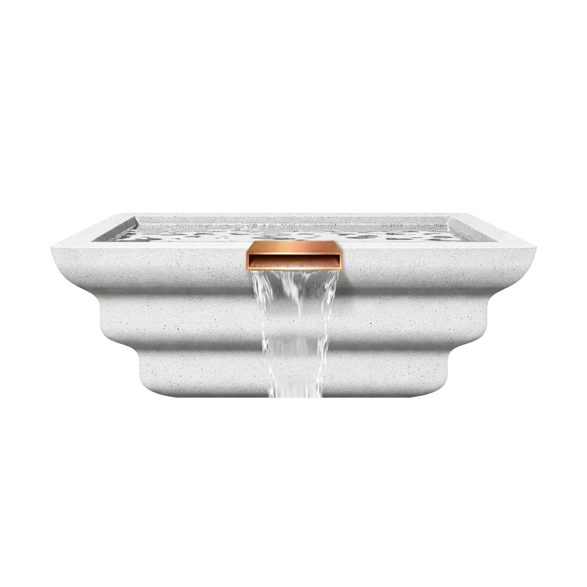 Front-facing view of the Serenity Series square ripple water bowl in white, showcasing the centered copper scupper spillway and sculpted ripple-style exterior profile. Water flows evenly from the rectangular spillway, forming a clean waterfall cascade. The minimalist white finish and layered bowl design complement modern pool and spa water feature installations.