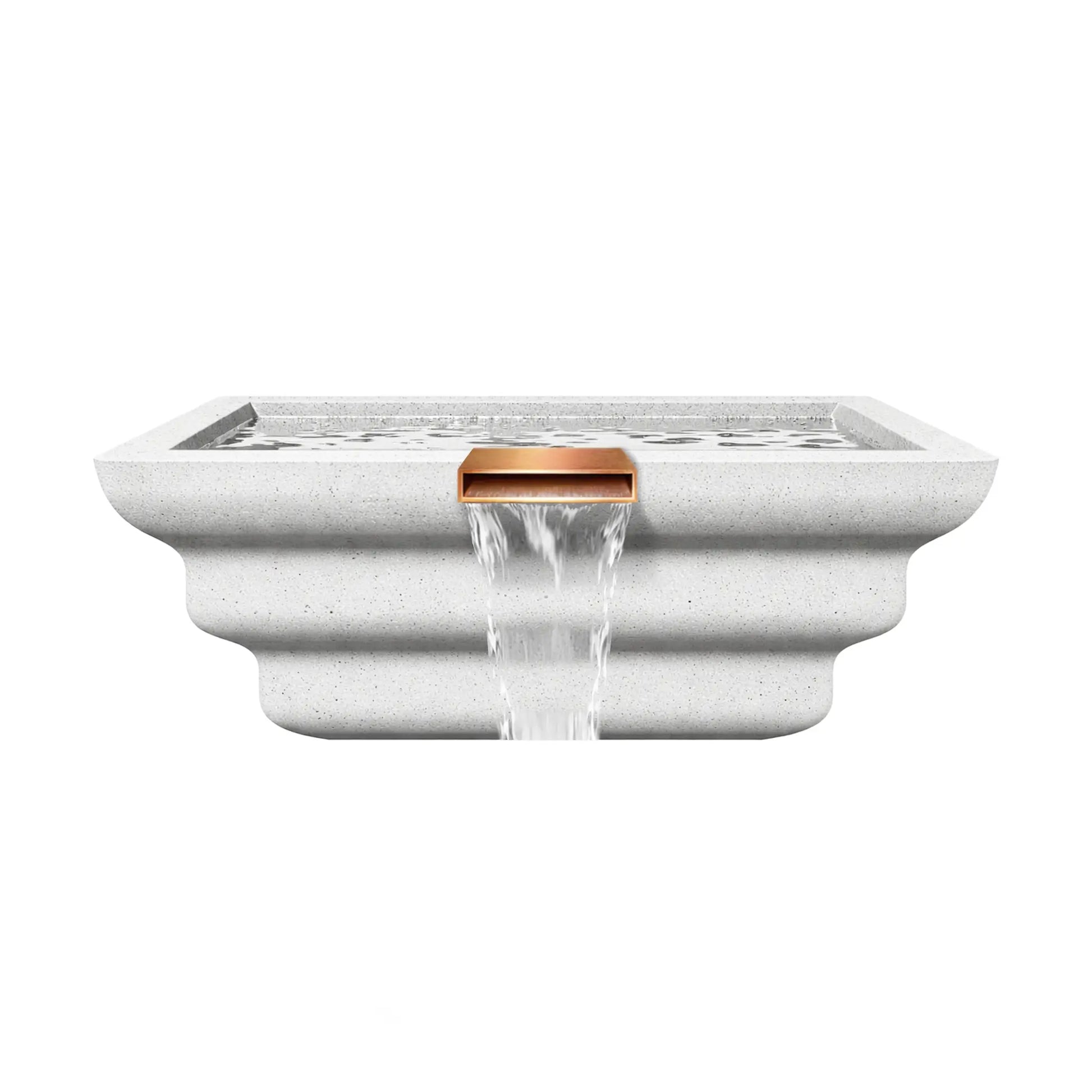 Front-facing view of the Serenity Series square ripple water bowl in white, showcasing the centered copper scupper spillway and sculpted ripple-style exterior profile. Water flows evenly from the rectangular spillway, forming a clean waterfall cascade. The minimalist white finish and layered bowl design complement modern pool and spa water feature installations.