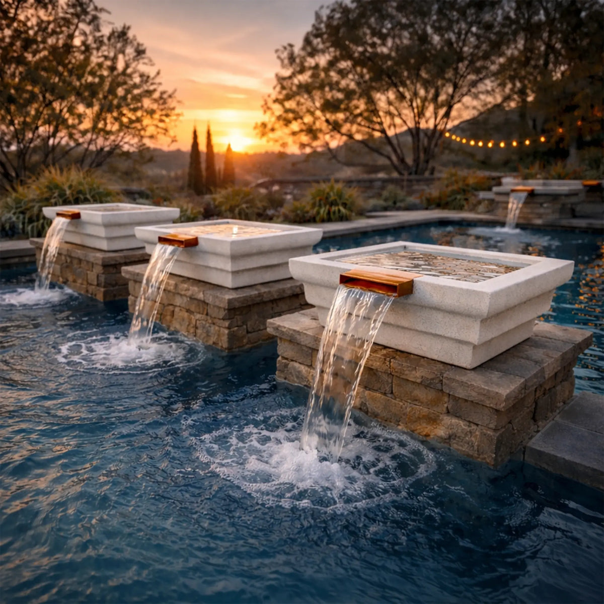 Outdoor lifestyle image showing three white Serenity Series ripple square water bowls installed on stacked stone pedestals beside a swimming pool. Each bowl features a copper spillway releasing a smooth waterfall into the pool below. The scene is captured at sunset with warm sky tones, landscape trees, and patio lighting, creating a relaxing resort-style backyard environment.